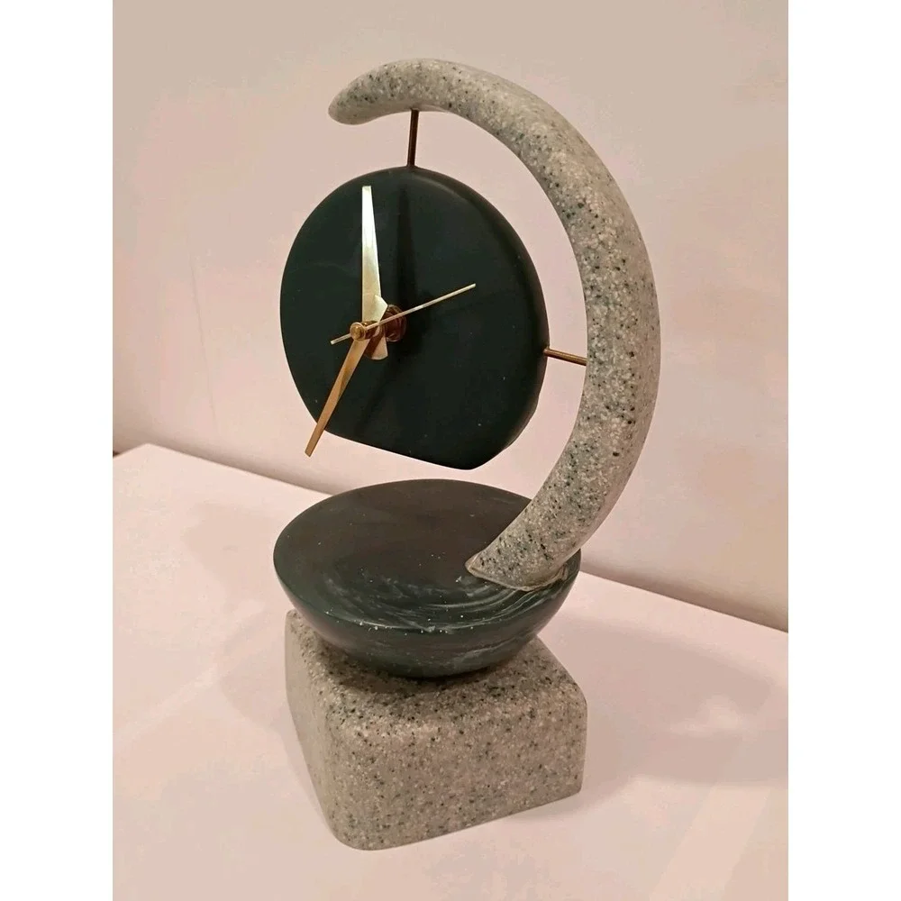 Vintage Clock Mid Century Signed Hand Crafted Green Stone Artisan - Hebrew Works